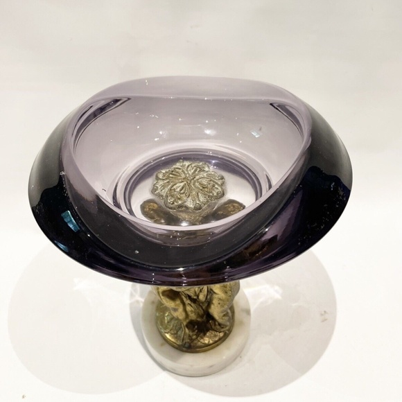 Vtg regency AMETHYST GLASS dish Compote Bowl footed Marble Brass Cherub Art Deco - Picture 2 of 7